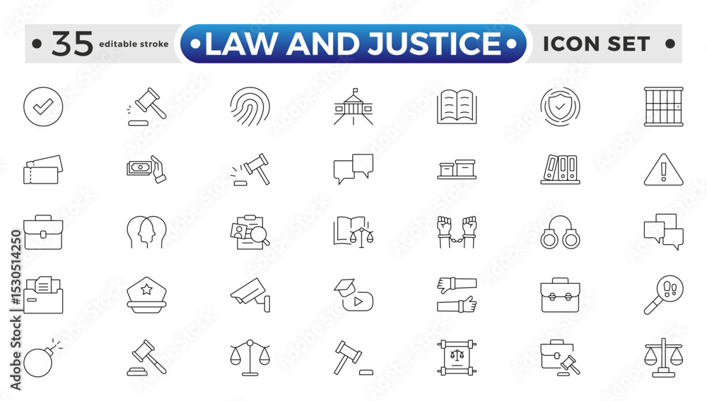 Law and Justice outline icon set. Court icon set. Containing Investigation, law, judgment, criminal, justice law, court legal, lawyer, criminal, prison and more. Editable stroke outline icon.
Law and Justice outline icon set. Court icon set. Containing Investigation, law, judgment, criminal, justice law, court legal, lawyer, criminal, prison and more. Editable stroke outline icon.