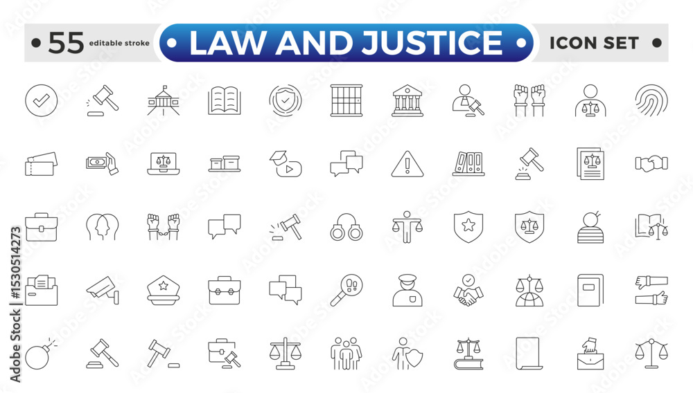 Law and Justice outline icon set. Court icon set. Containing Investigation, law, judgment, criminal, justice law, court legal, lawyer, criminal, prison and more. Editable stroke outline icon.
Law and Justice outline icon set. Court icon set. Containing Investigation, law, judgment, criminal, justice law, court legal, lawyer, criminal, prison and more. Editable stroke outline icon.