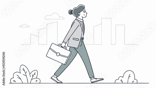 Illustration of a businesswoman walking with a briefcase in a city landscape on a bright day time scene
