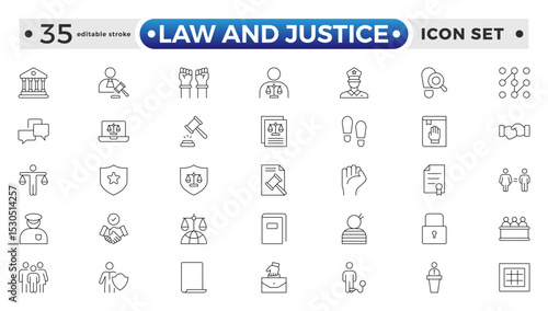 Law and Justice outline icon set. Court icon set. Containing Investigation, law, judgment, criminal, justice law, court legal, lawyer, criminal, prison and more. Editable stroke outline icon.
