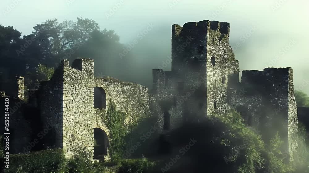 Stone Castle Ruins Enveloped in Fog with Towering Walls and Lush Greenery Under a Cloudy Sky With Soft Lighting Stone Castle Ruins Enveloped in Fog with Towering Walls and Lush Greenery Under a Cloudy Sky With Soft Lighting