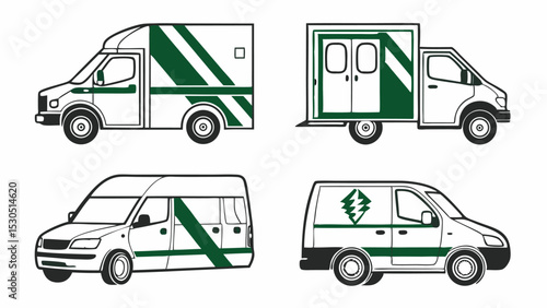 Illustration of four different delivery vans with green stripes and symbols in a white background design