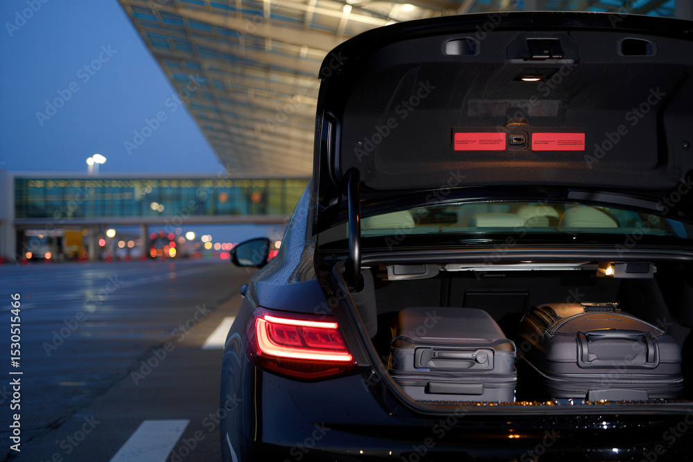 Obraz premium Open car trunk with luggage at airport terminal for travel transportation and departure at dusk time