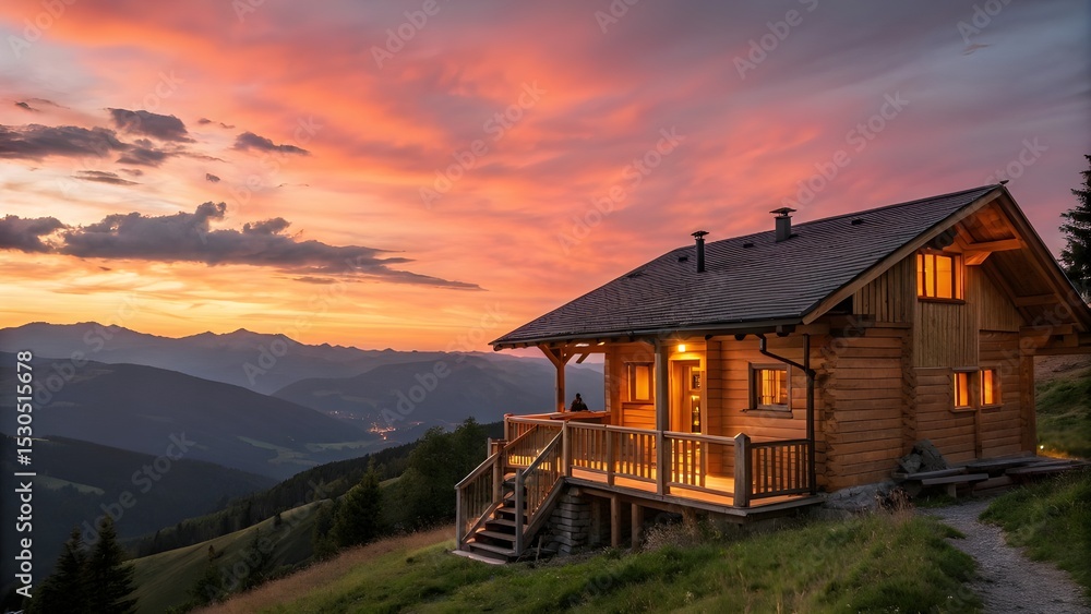 A cozy log cabin nestled peacefully on a verdant hillside basking in a serene sunset of vivid oranges and deep purples A cozy log cabin nestled peacefully on a verdant hillside basking in a serene sunset of vivid oranges and deep purples