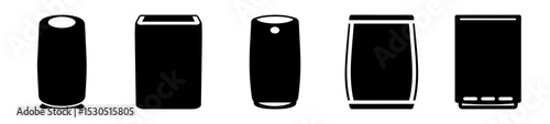 A simplistic illustration of five different styled smart home speaker devices