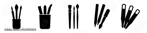 Various art and craft brushes shown in several different forms as silhouettes
