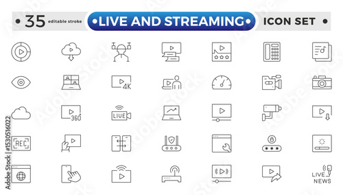 Live and Streaming outline icon set. Live stream, broadcasting online stream. Lower third template for tv, shows, movies and live performance. Editable stroke outline icon.
