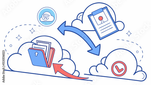 Cloud based data transfer with arrows showing movement between folder and clipboard with checkmark icon