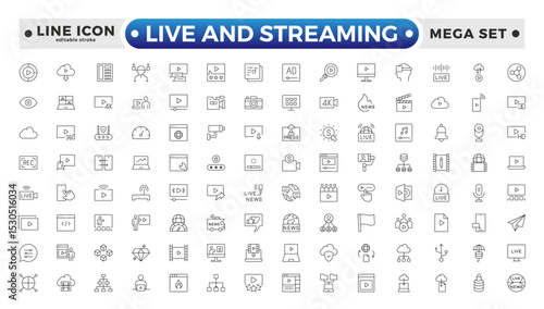 Live and Streaming outline icon set. Live stream, broadcasting online stream. Lower third template for tv, shows, movies and live performance. Editable stroke outline icon.
