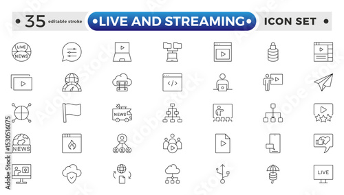 Live and Streaming outline icon set. Live stream, broadcasting online stream. Lower third template for tv, shows, movies and live performance. Editable stroke outline icon.

