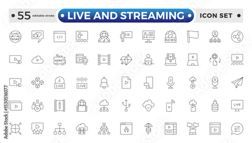 Live and Streaming outline icon set. Live stream, broadcasting online stream. Lower third template for tv, shows, movies and live performance. Editable stroke outline icon.
