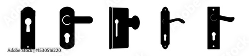 Collection of five black and white doorknobs presenting different designs