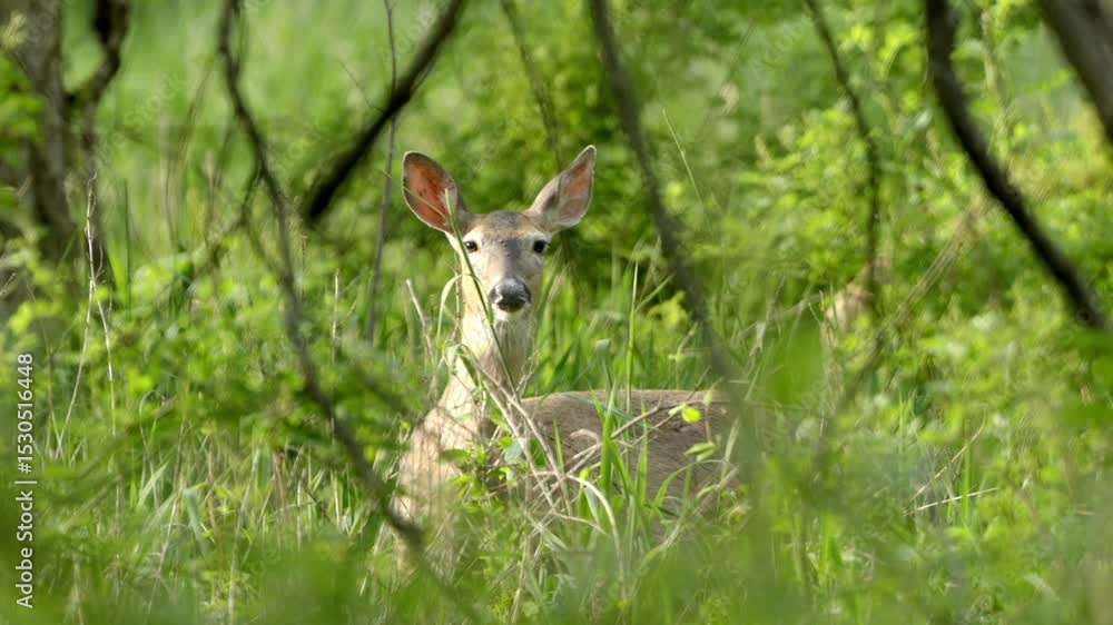 Alert Deer Hiding in Lush Green Forest Undergrowth Looking at Camera Alert Deer Hiding in Lush Green Forest Undergrowth Looking at Camera
