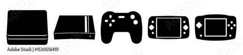Black and white image showcasing video game consoles and controller silhouettes
