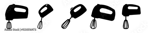 A collection of black hand mixers isolated on a white background