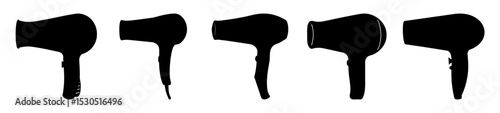 Black and White Illustration of Various Hairdryer Silhouettes on a White Background