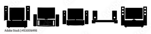 Black and white silhouetted image of a home theatre system arrangement