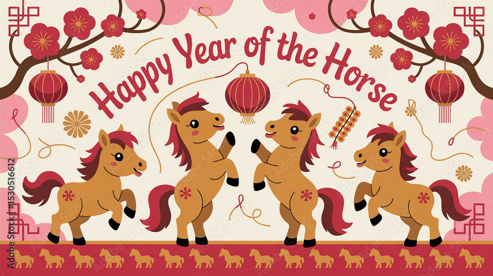 Obraz premium Happy Year of the Horse Chinese New Year Celebration with Cute Horses Lanterns and Flow