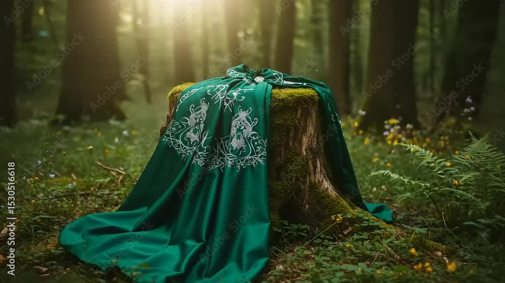 Elegant green fabric draped over a mossy tree stump in a serene forest, with soft sunlight filtering through the trees Elegant green fabric draped over a mossy tree stump in a serene forest, with soft sunlight filtering through the trees