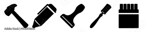 Silhouette Illustration of Various Tools for Construction, Art and Home Improvement
