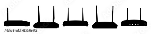 Black silhouettes of wireless routers with antennas for internet connection devices