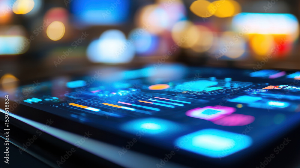 Close up of tablet displaying vibrant digital graphics and data visualizations, showcasing technology and innovation Close up of tablet displaying vibrant digital graphics and data visualizations, showcasing technology and innovation