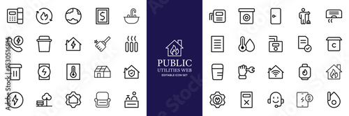 Public utilities web icons line set. Public Utilities Water, Fuel, Electricity, gas, garage, Solar House, Rent receipt, Maintainence, and More vector illustration