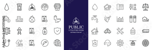 Public utilities web icons line set. Public Utilities Water, Fuel, Electricity, gas, garage, Solar House, Rent receipt, Maintainence, and More vector illustration