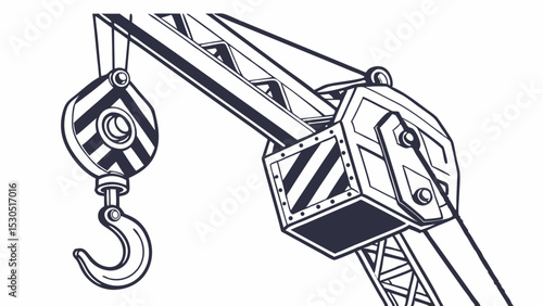 Illustration of a crane with a hook and striped pattern on a white background in black and white style