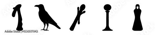Collection of Black Hieroglyphic Symbols Against a White Background Illustrating Ancient Writing