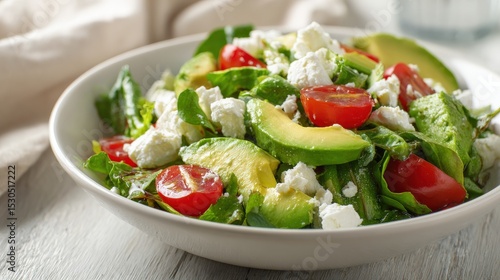 A bowl of salad with avocado, tomatoes, and feta cheese. The salad is served in a white bowl and is placed on a wooden table