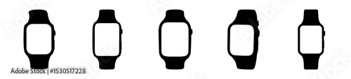 Five stylized smart watches standing side by side in simple black silhouettes