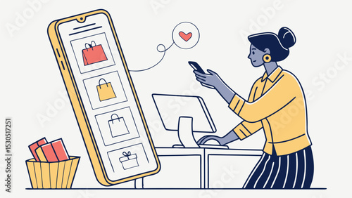 Woman using phone for online shopping with shopping bags displayed on phone screen and basket nearby