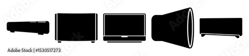 Stylized Black and White Silhouette Illustration of Various Electronic Audio Equipment