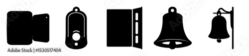 Stylized Black and White Vector Icons of Mobile Phone, Remote, and Bells