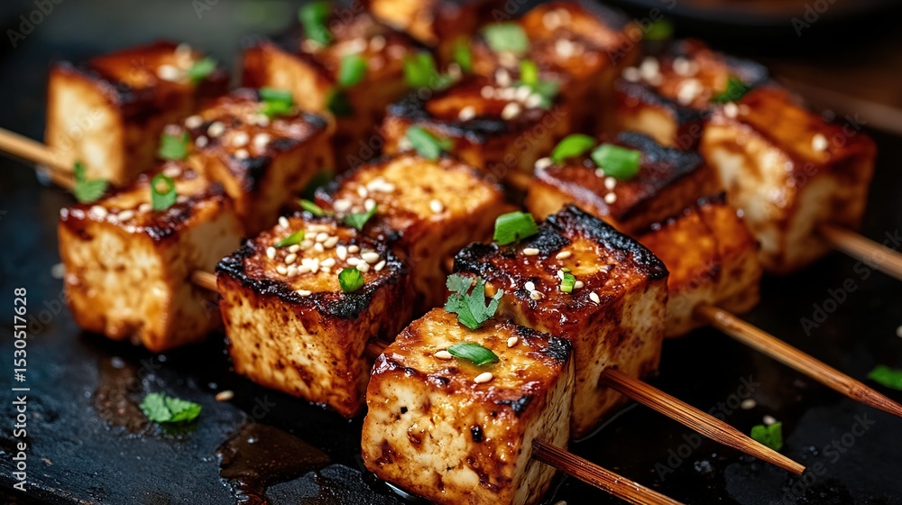 Grilled tofu cubes on skewers, glazed with a savory sauce, sprinkled with sesame seeds and green onions, resting on a dark surface Grilled tofu cubes on skewers, glazed with a savory sauce, sprinkled with sesame seeds and green onions, resting on a dark surface