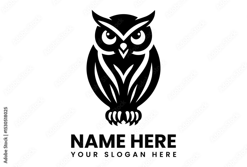 Fototapeta premium Stylized black silhouette of a wise owl with prominent eyes and sharp features, ideal for educational or nature themes. Animal concept