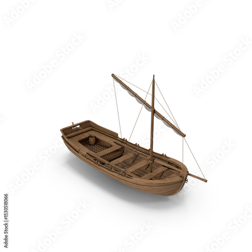 Medieval wooden lifeboat isolated on transparent background