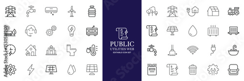 Public utilities web icons line set. Public Utilities Water, Fuel, Electricity, gas, garage, Solar House, Rent receipt, Maintainence, and More vector illustration