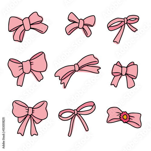 set of pink bow ties. Vector isolated simple small ribbon bow gift decoration.