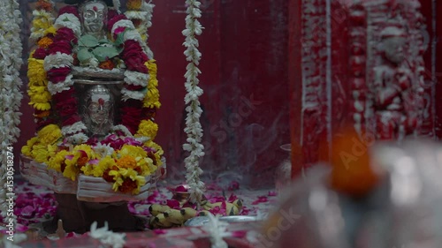 Varanasi, Uttar Pradesh, India-24th February 2025- Close high speed shot of a shiv ling in shiva temple of Varanasi in Uttar Pradesh.