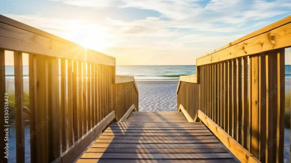 Wooden Pathway Leading to Beach at Sunset with Warm Natural Lighting Wooden Pathway Leading to Beach at Sunset with Warm Natural Lighting