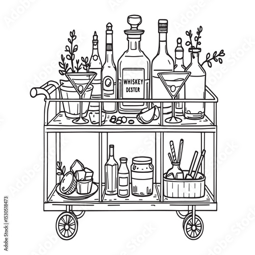 classic bar cart with drinks and glasses outline