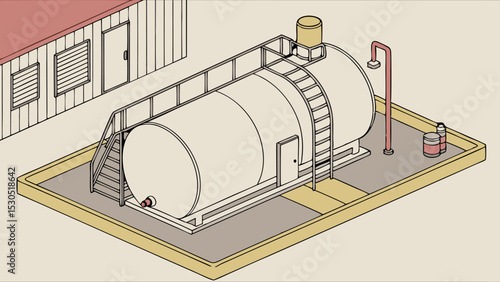 Illustration of a large cylindrical storage tank with a ladder and safety railing system outside a building