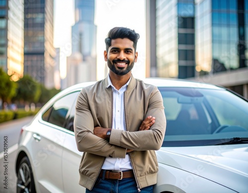 Young Indian model in streetwear posing against a luxury car with a city background.