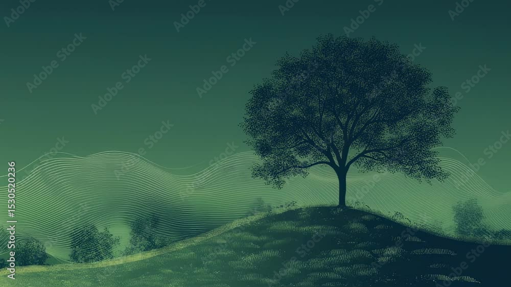 Serene depiction of nature, featuring a tree on a hill against soft green hues Serene depiction of nature, featuring a tree on a hill against soft green hues
