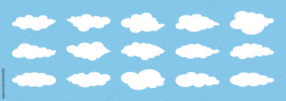 Set of Cloud in flat simple style. Fluffy white abstract cloudy elements in blue sky. Fluffy weather illustration for poster banner card. Empty text border. Set of Cloud in flat simple style. Fluffy white abstract cloudy elements in blue sky. Fluffy weather illustration for poster banner card. Empty text border.