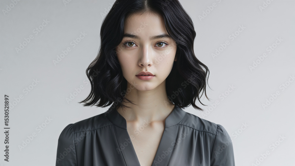 Fototapeta premium Portrait of a beautiful asian woman with dark wavy hair and a serious expression.