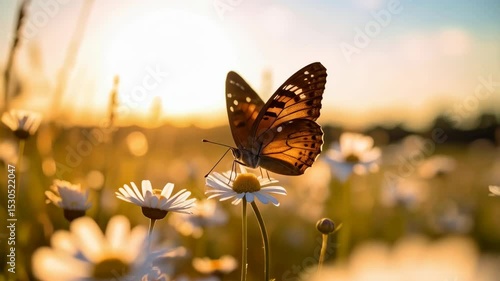 Delicate brown butterfly resting atop a field of white daisies at golden hour as warm light fills the peaceful nature setting.