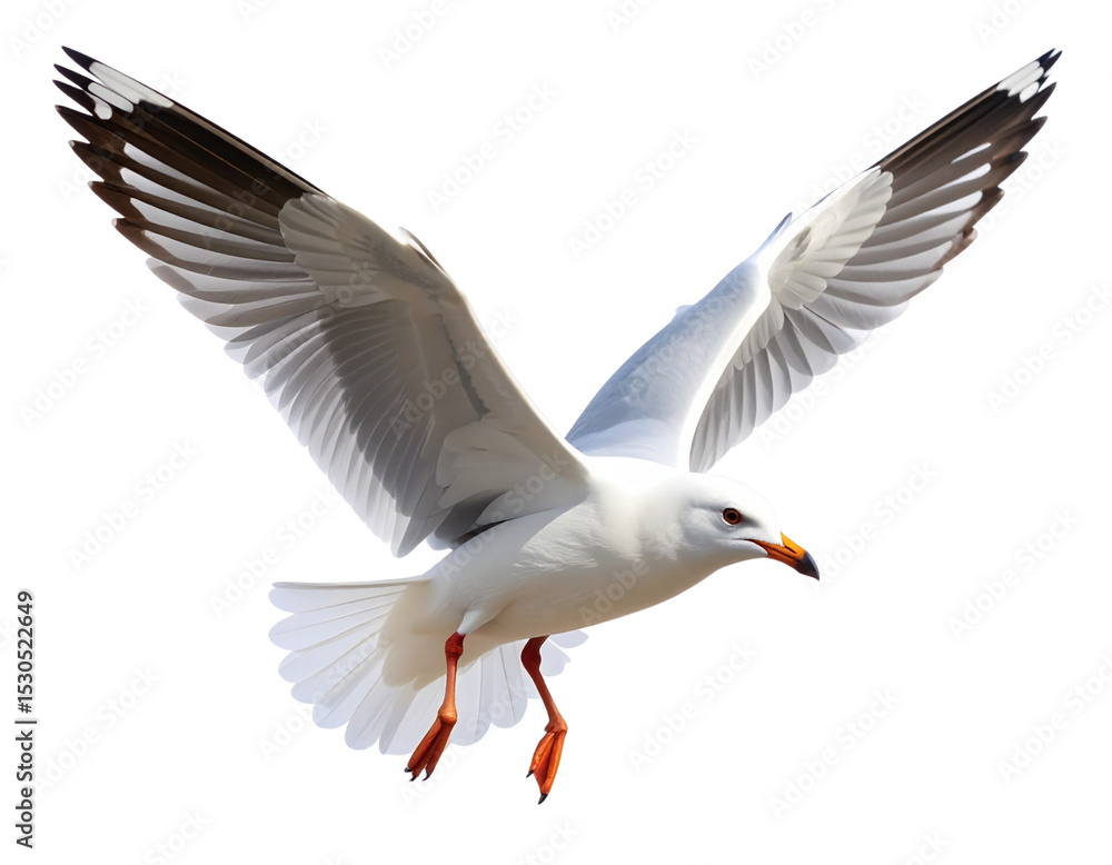 Flying Seagull with Spread Wings Gliding Mid-Air, Isolated on White Background Flying Seagull with Spread Wings Gliding Mid-Air, Isolated on White Background